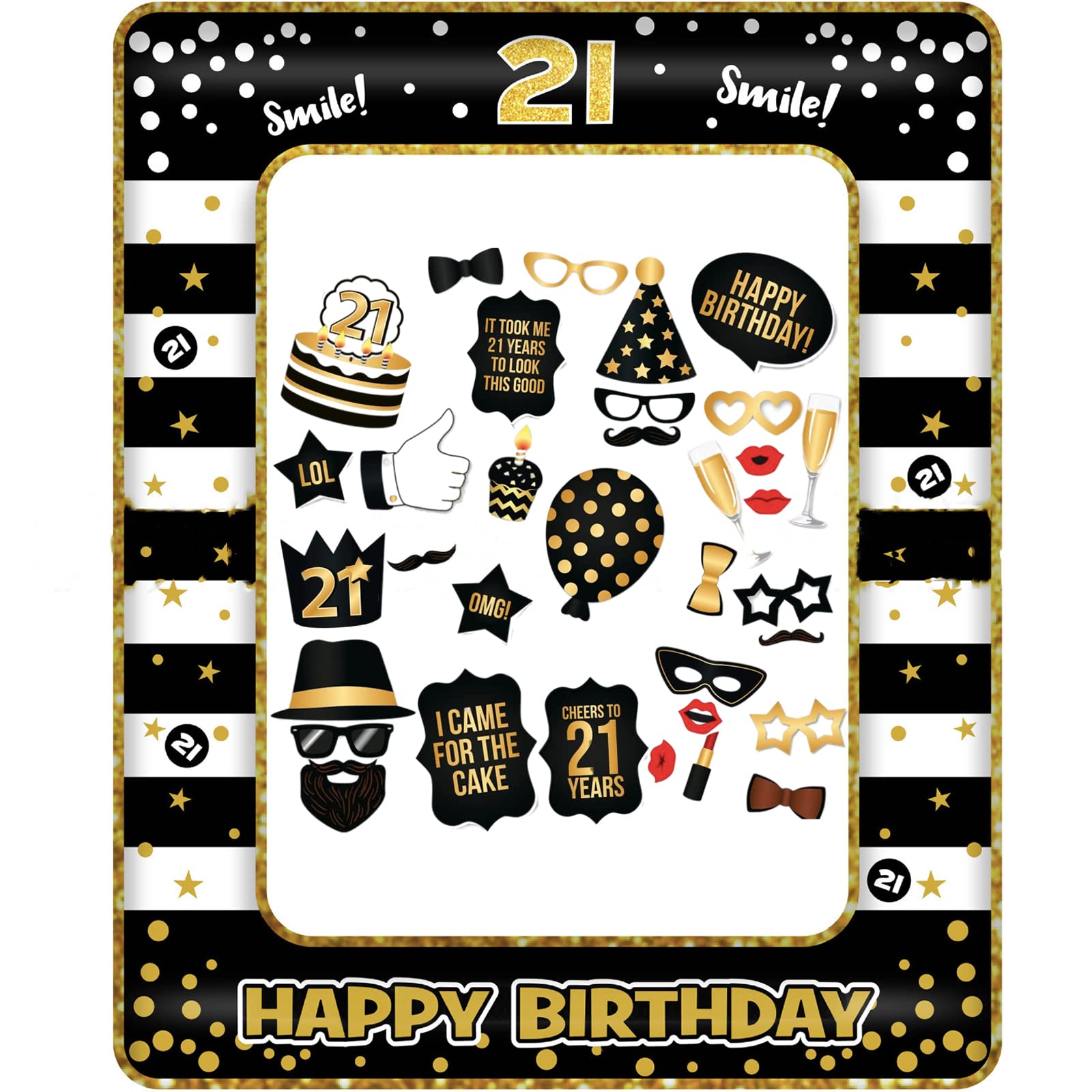 POPOYU 21st Birthday Decorations Men Women,Black Gold Inflatable Selfie Frame&34Pcs 21st Birthday Photo Booth Props,Giant Inflatable Party Photo Booth Frame for 21st Birthday Party Decoration