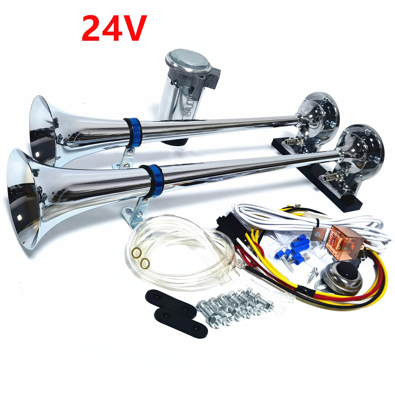 Tromba d'Aria Clacson per Auto 165DB - Clacson per Nave e Camion in Zinco Cromato - Tono Alto e Basso Argento - Doppio Tubo con Compressore per 24V Auto, Yacht e Altro