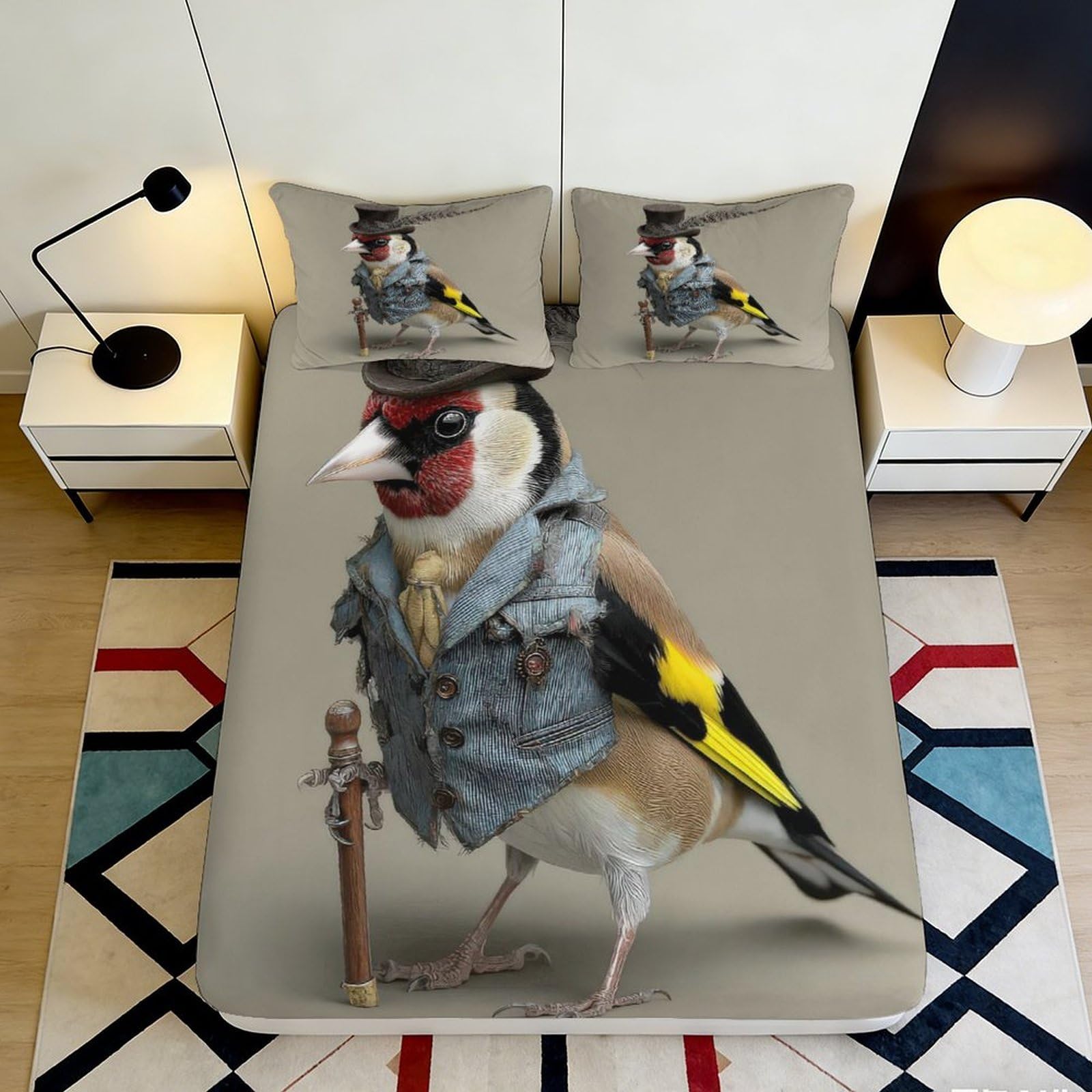 3D Printed Gentleman Bird Fitted Sheet Microfiber Durable Soft 3D Printed Victorian Bird Mattress Cover for Bedroom Dormitory Guest Room 160x200x25cm