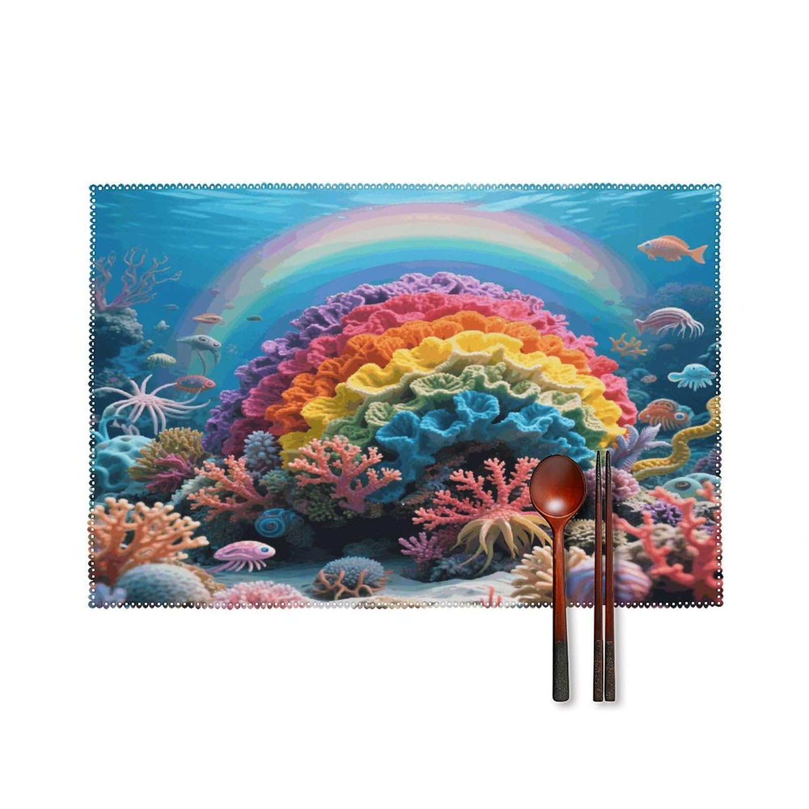 Rainbow Coral Reef Placemats Set of 4 Heat Resistant Non-Slip Place Mats for Dining Table Washable Placemat Wipeable Dining Table Mat Canvas Place Mats Dining Table Decor
