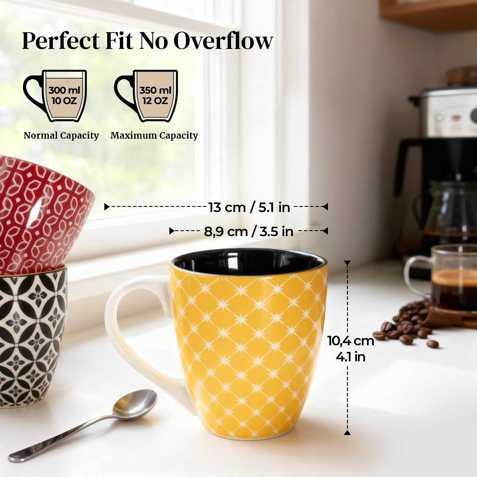 DOWAN Juego de 6 tazas de café de 350 ml, elegantes tazas de porcelana oriental, tazas grandes para café, té y café con leche