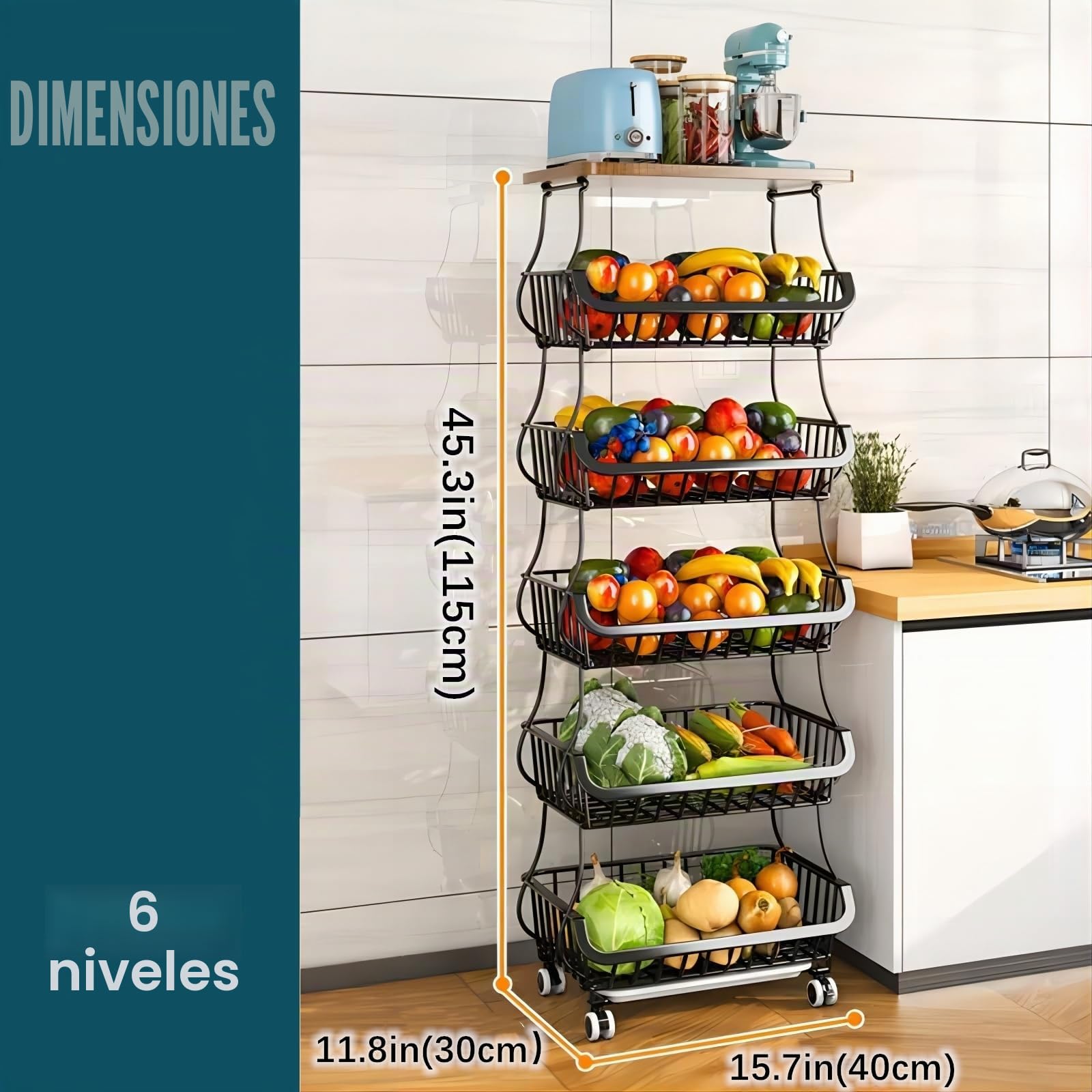 Cestas de alambre de metal con ruedas, organizador de almacenamiento apilable para cocina, baño, oficina, carrito de frutas y verduras, estante de vajilla con parte superior de madera