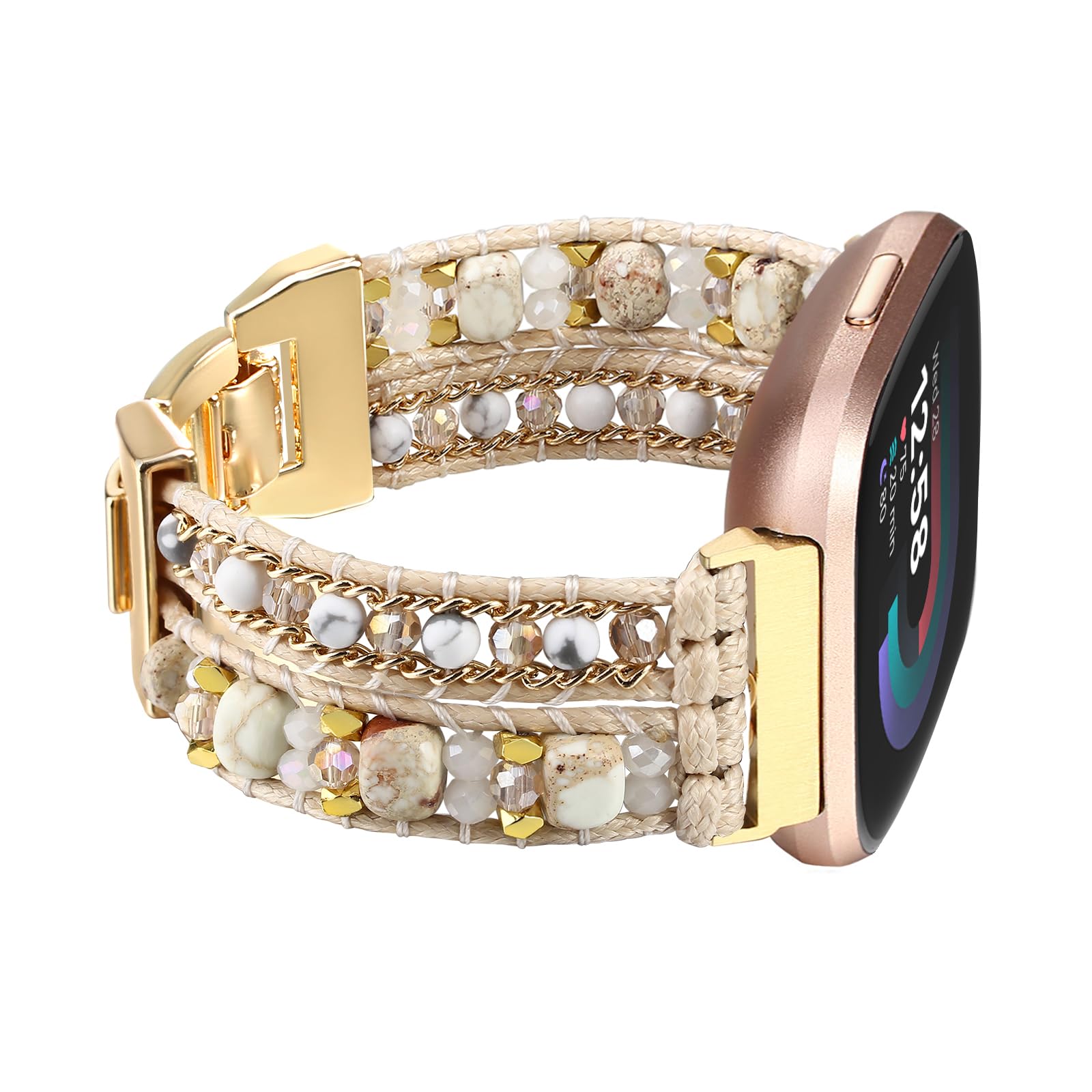 Wingoden Bracelet Bands Compatible with Fitbit Versa 4/3/Sense 2/Sense Band for Women, Leather Beaded Watch Strap Natural Stone Wrap Boho Watch Band for Fitbit Versa 4 Band Replacement, White Beads