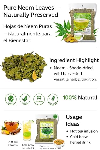 Miniatura 6 de Té de hierbas de hojas de neem (Hoja)  4 oz (113 g)  Hoja suelta cosechada silvestre y secada a la sombra  100% natural, vegano, sin OMG, sin