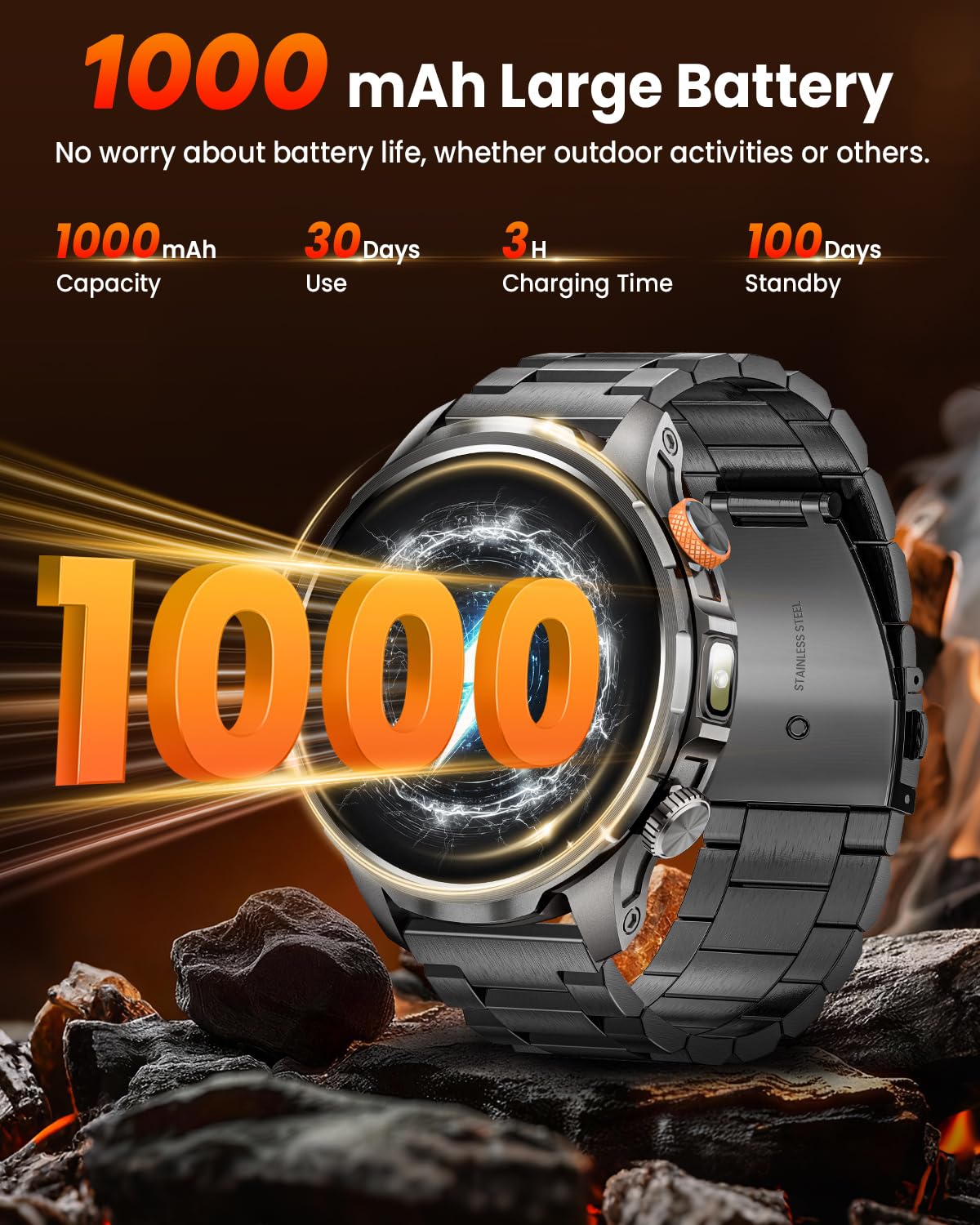 Montre Connectée Homme 1000mAh/5ATM Étanche/LED Lampe, 1.91" AMOLED Militaire Smartwatch Homme Appel Bluetooth, 113 Modes Sportifs, 24H Sommeil/Fréquence Cardiaque/Podomètre 2 Sangles Android iOS Noir