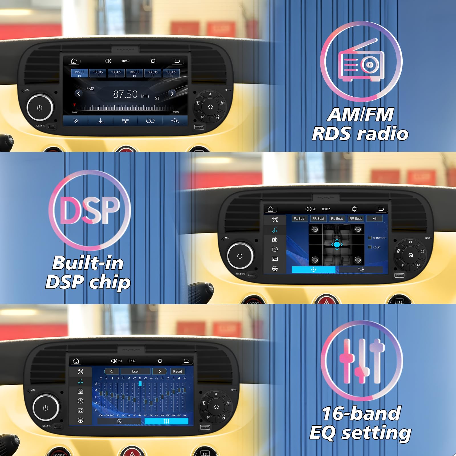 Autoradio con Sistema Linux e schermo IPS da 7 pollici, compatibile con Fiat 500 (2007-2015)| CarPlay & Android Auto wireless integrati | Supporta AM/FM/RDS | DSP/USB/Bluetooth/Microfono nero