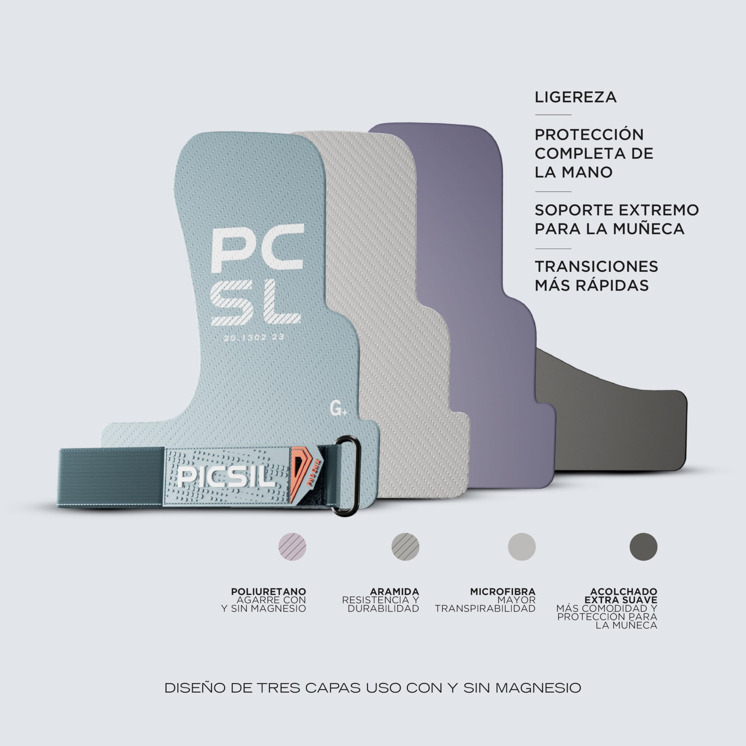 PICSIL Calleras Phoenix + Muñequeras + Bolsa, Uso Sin Magnesio, Agarre en Todas Superficies y Cualquier Tipo de Barra, Diseñadas para Todos los Atletas (Aqua, G+)