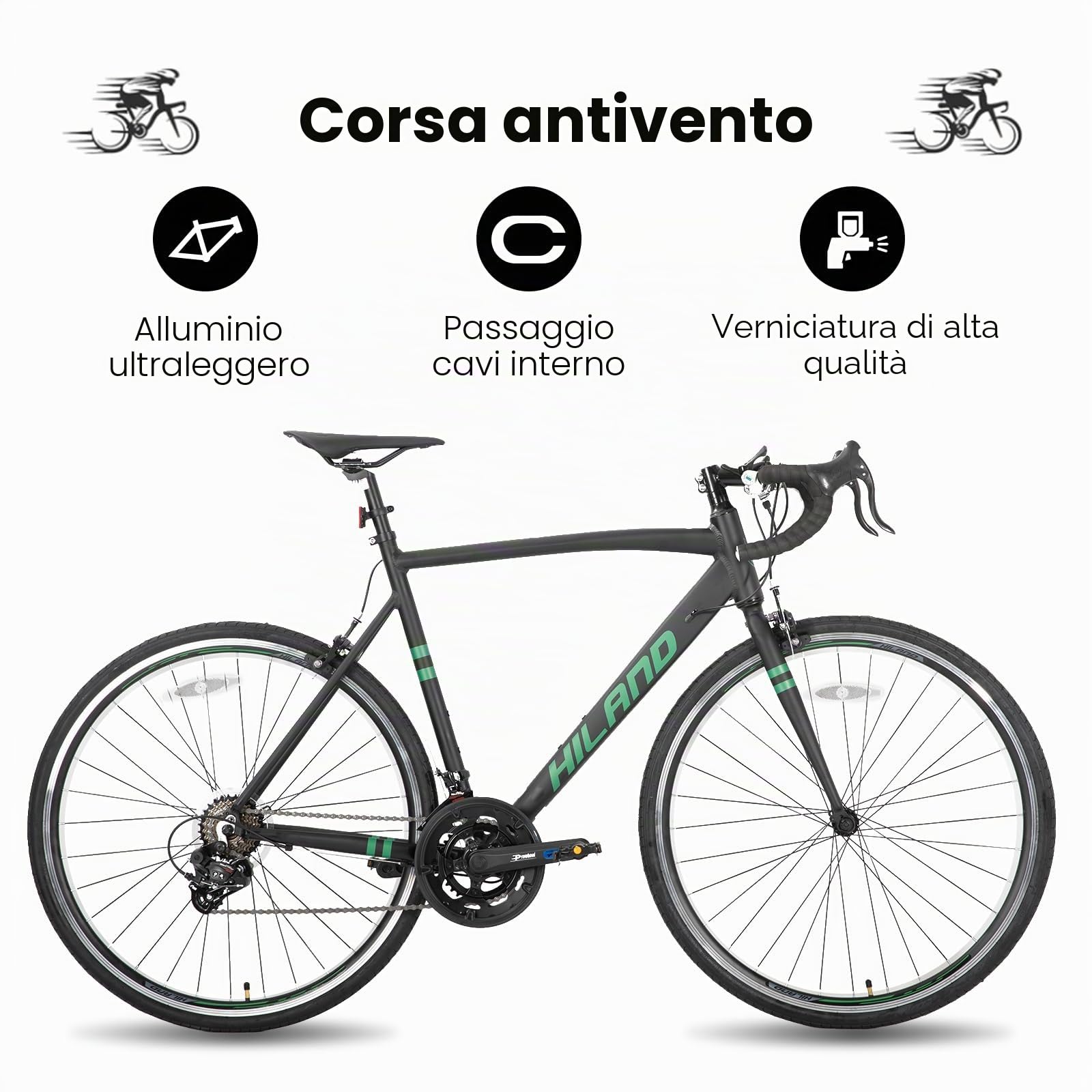 HILAND Daring Bici da Città e da Pendolare 28”, 14 Velocità, Telaio in Alluminio da 49/53/57 cm, 700C Bicicletta Stradale per Uomo e Donna, Freni Caliper, Nero/Rosso/Verde