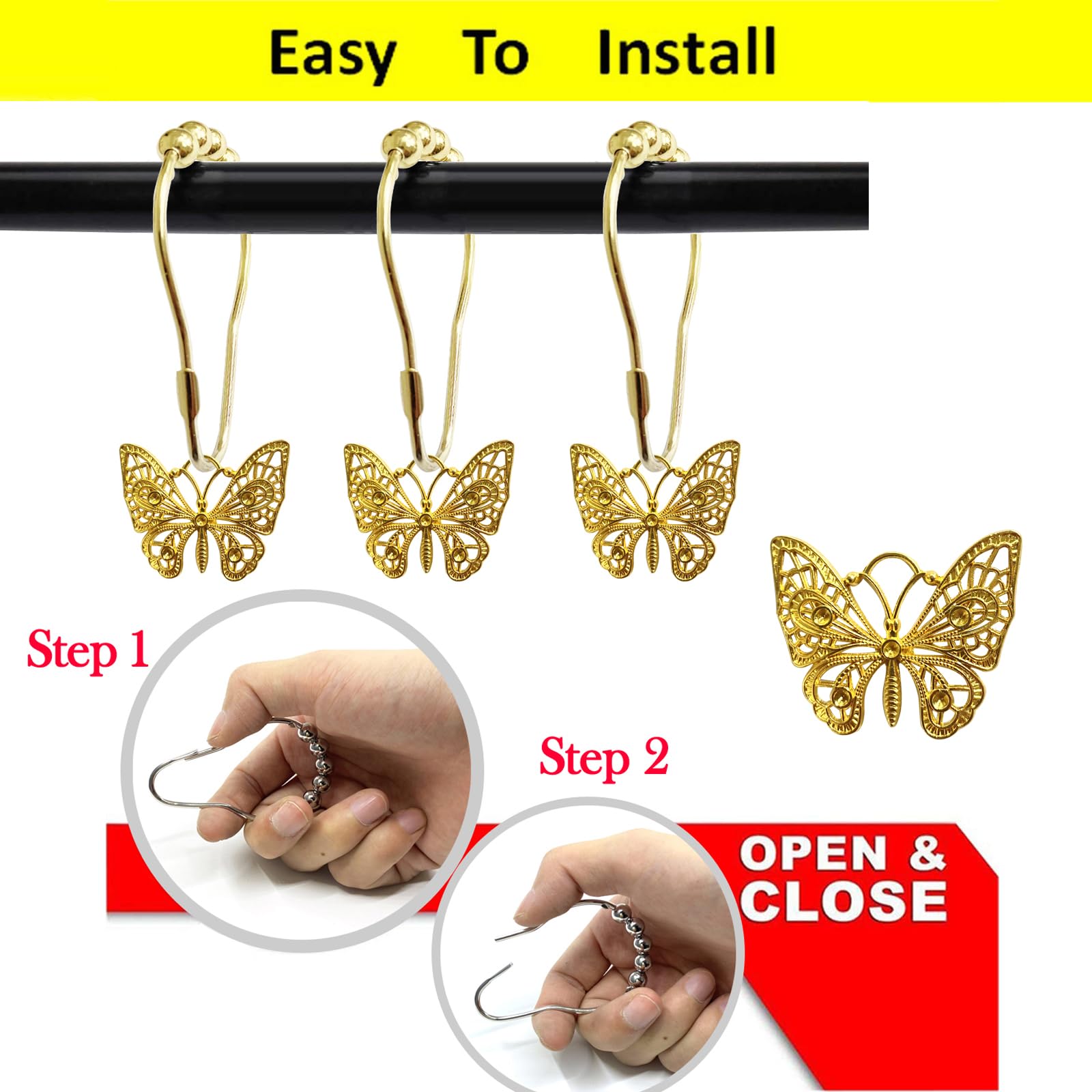 Framendino 12-Pack Butterfly Shower Curtain Hooks - Stainless Steel Gold Decorative Rings For Bathroom - View #5