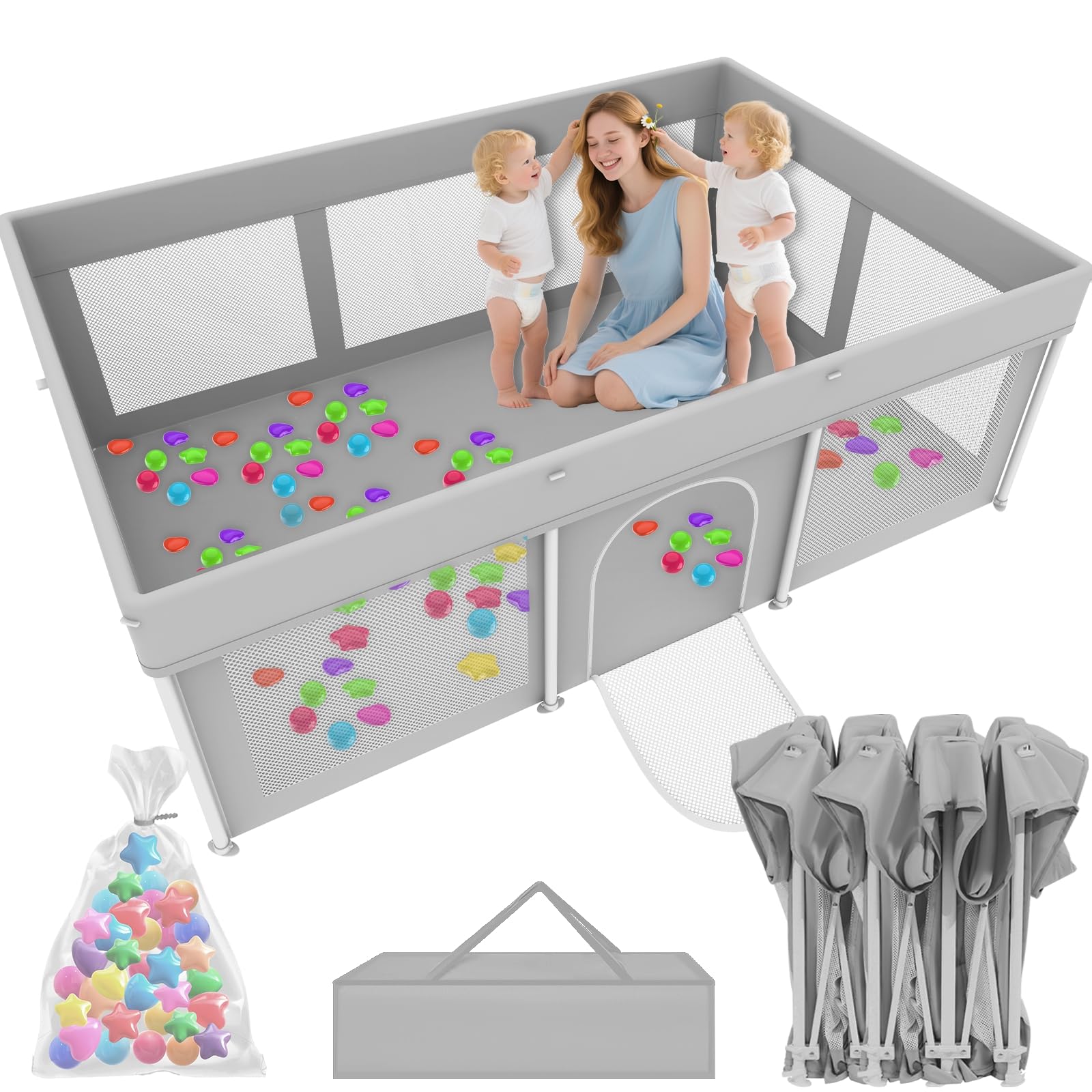 Foldable Large Baby Playpen 50"×71", Portable Playard for Babies & Toddlers, No Assembly, Safe Zipper Gate, Soft Mesh Sides, Ideal for Indoor & Outdoor Use, Includes 100 Ocean Balls, Grey