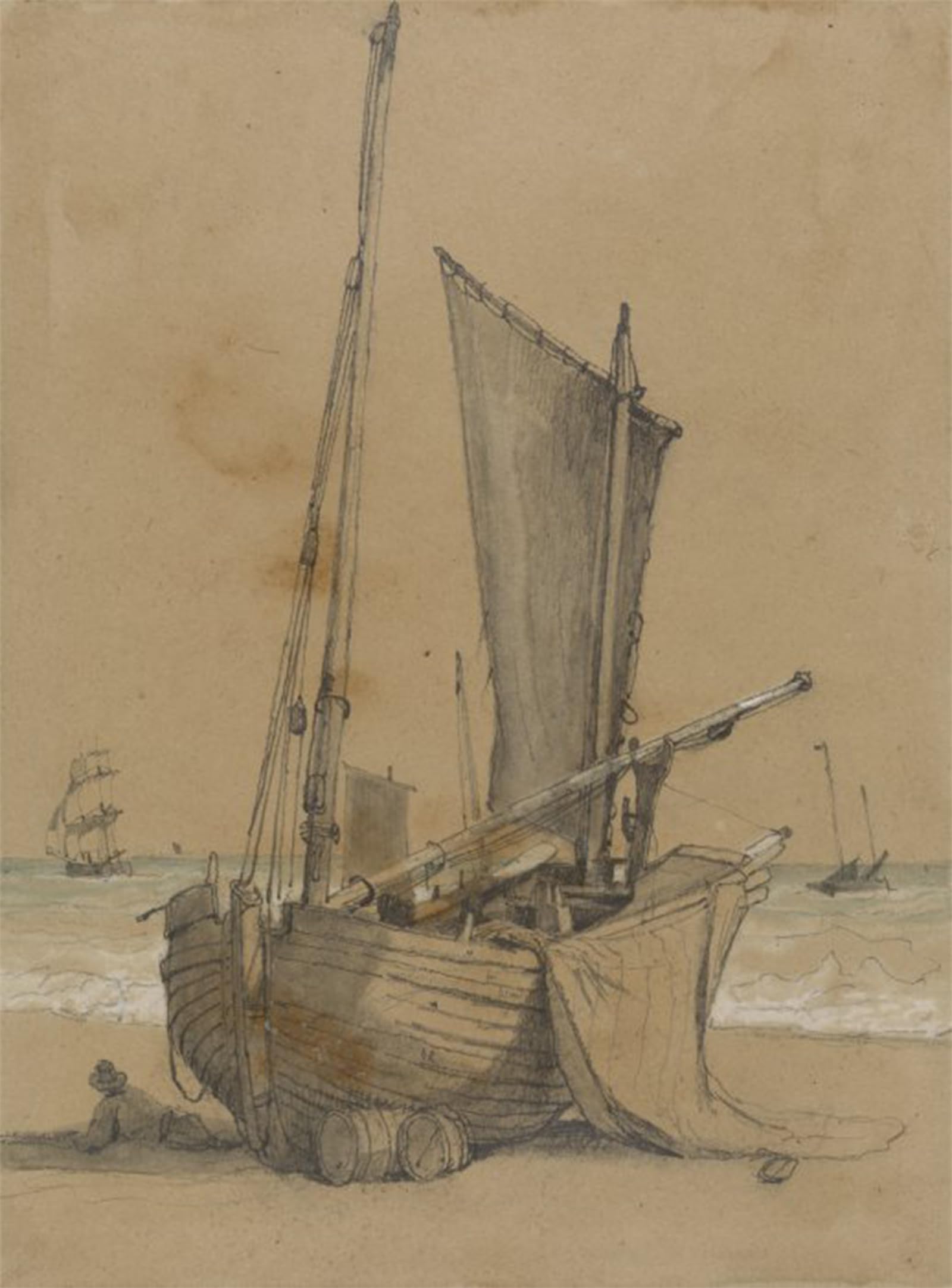 POSTERIIk Famous Modern Artwork Art Mural Fishing Boat on the Beach with a Brig At Sea by Samuel Prout Oil Paintings Pictures for Home Decor 60x90cm