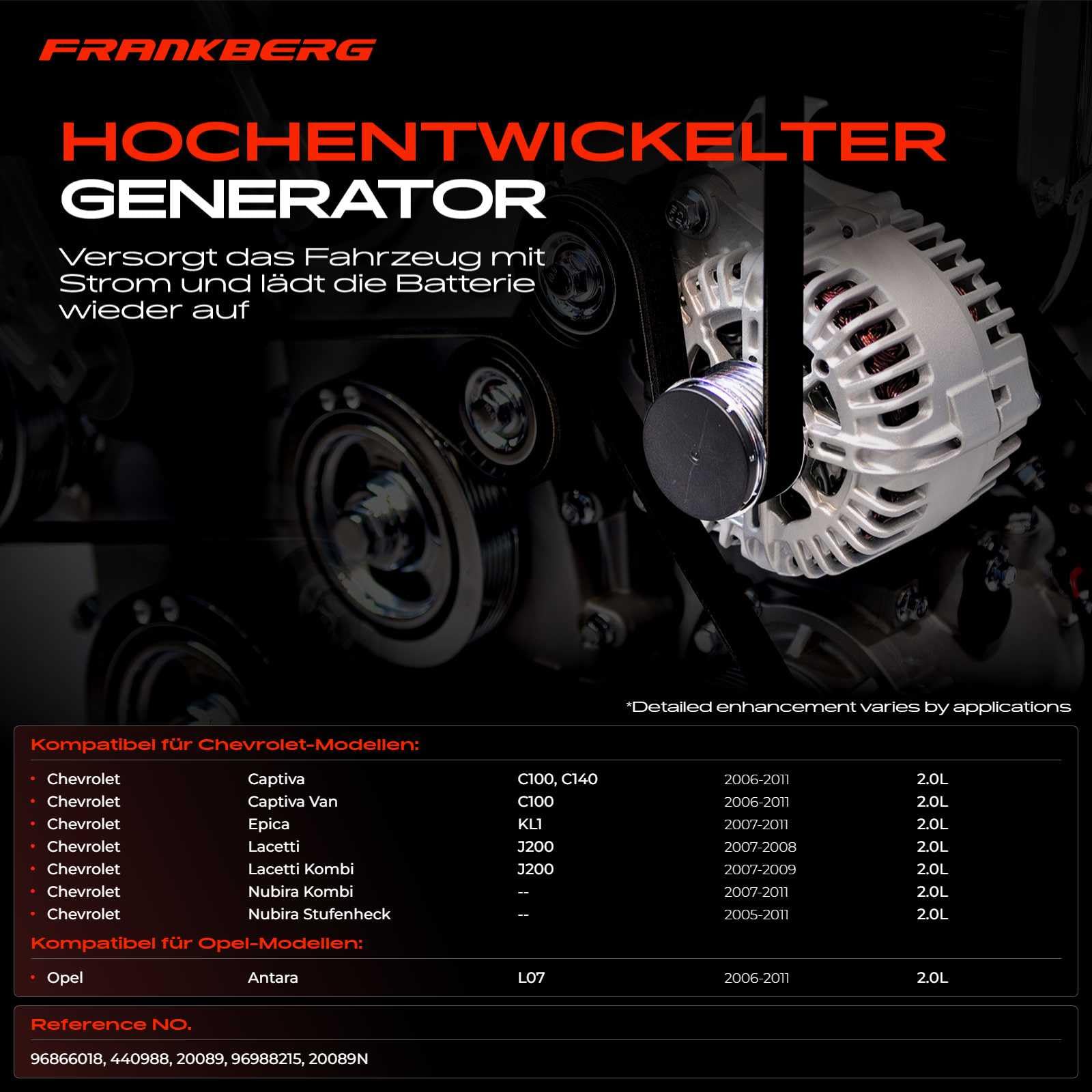 Frankberg Lichtmaschine Generator Kompatibel mit Captiva C100 C140 2.0L 2009-2008 Epica KL1 2.0L 2010-2009 Lacetti J200 2.0L 2007-2008 Nubira Kombi 2.0L 2007-2011 Replace# 96866018