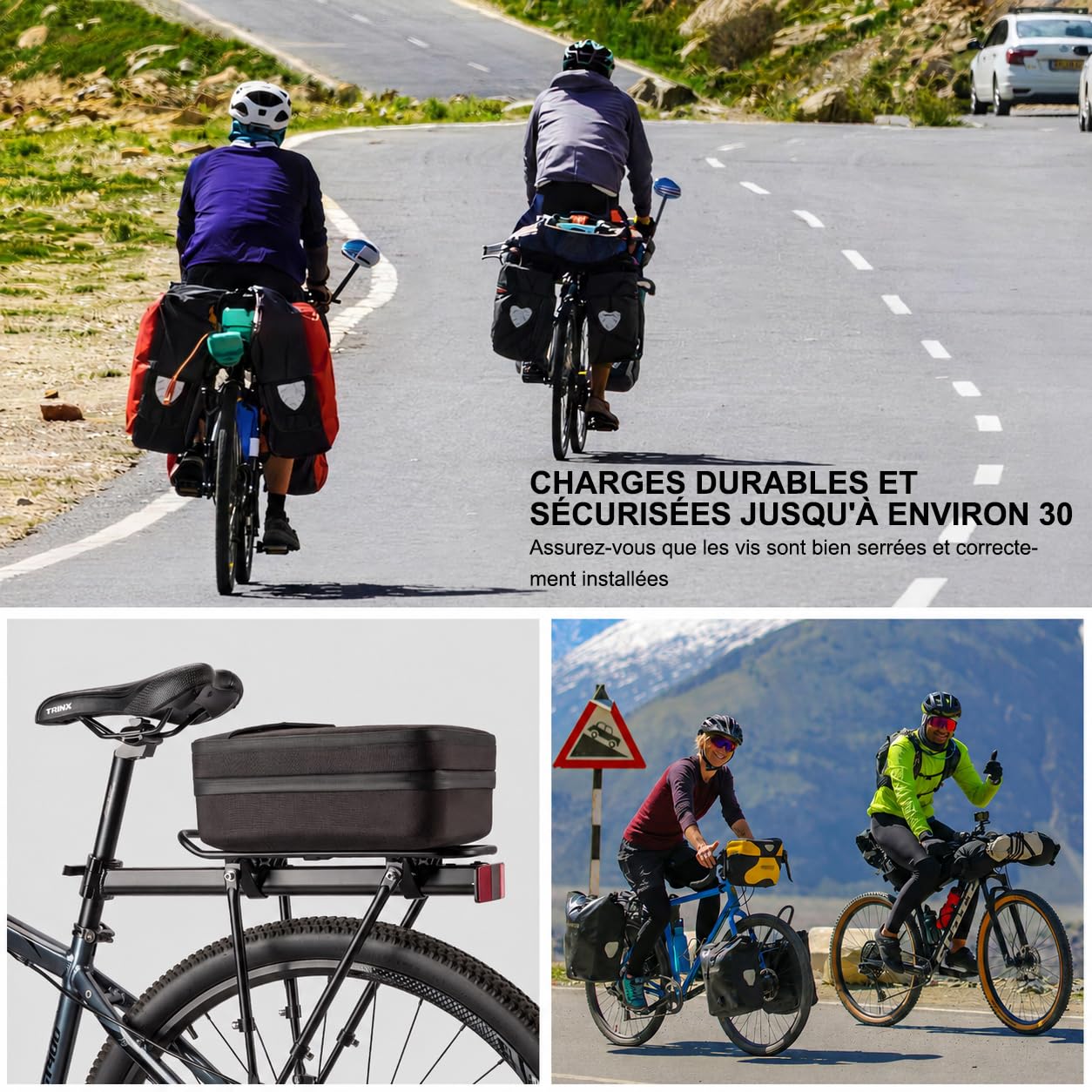CXWXC Porte-bagages arrière pour vélo - Porte-bagages universel à fixer sur la tige de selle - Porte-bagages pour sacoches de vélo et équipement de tourisme - Charge maximale : 30 kg