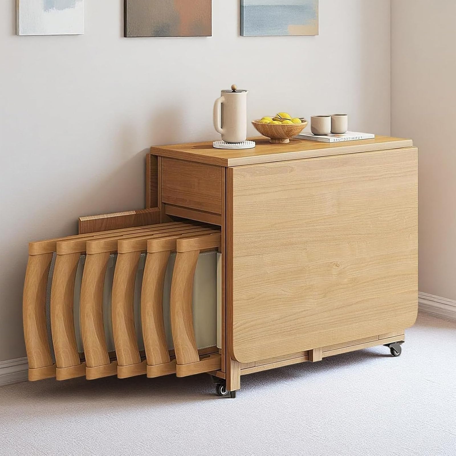 Juego de mesa de comedor plegable de madera maciza extensible con 6 sillas acolchadas, diseño compacto que ahorra espacio para el hogar, sala de estar, restaurante y cocina móvil