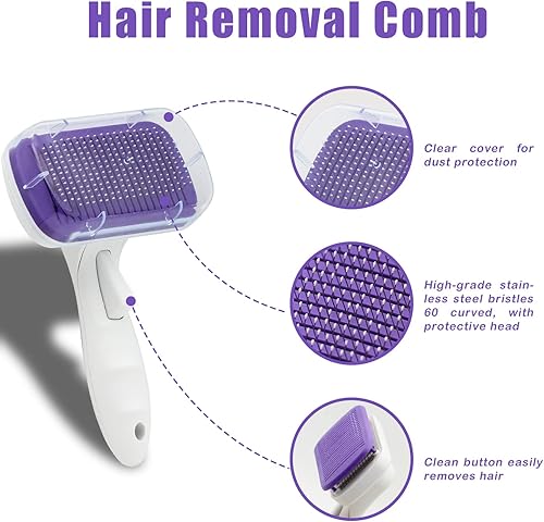 Vista 4 de Kit de aseo para perros con cepillo deslizante de autolimpieza, guantes de masaje para eliminar el pelo de las mascotas, peine de acero desmenuzador