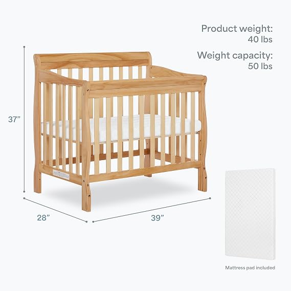 Dream On Me Aden 4-in-1 Convertible Mini Baby Crib in Natural, GreenGuard Gold & JPMA, Sustainable Pinewood, Non-Toxic Finish, 3 Mattress Heights, Converts to Mini Day & Twin-Size Bed | GREENGUARD Gold, ASTM/CPSC Compliant, BSA Verified, Converts to Daybed & Twin Bed, 3 Adjustable Heights, New Zealand Pine