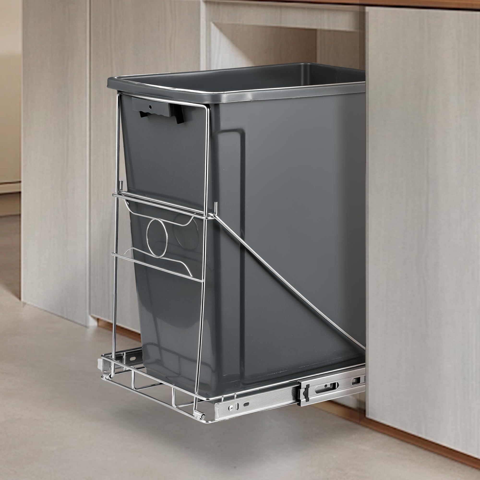 Pull Out Trash Can, Stainless Steel Kitchen Adjustable Trash Slide Out Shelf, Cabinet Trash Can Pull Out Kit, Fit 7-11 Gallon Bin(Silver, No Bin Included)
