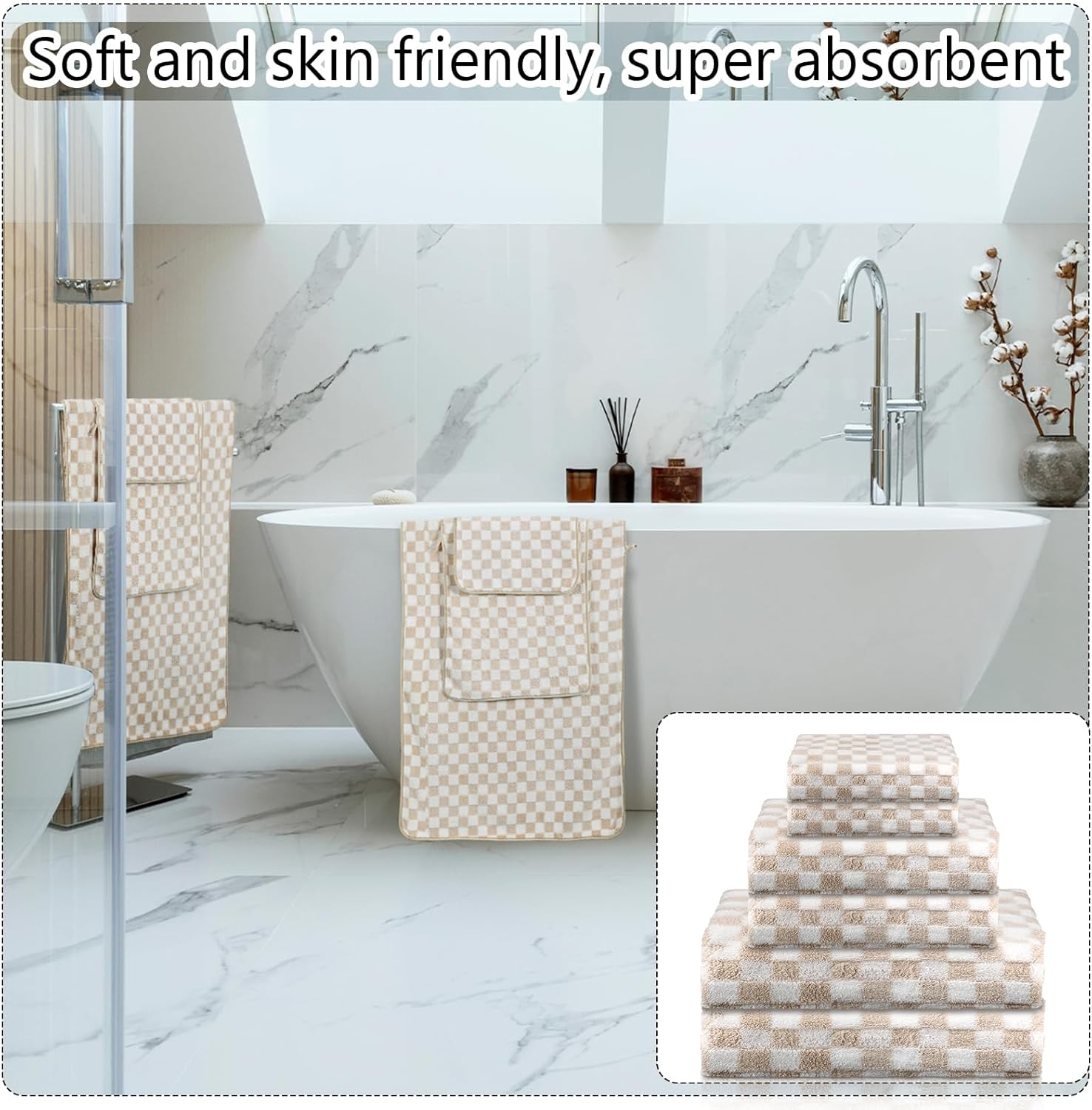 Kinlop 6 Pcs Checkered Bath Towels Set Coral Washcloth Soft Fleece Quick Dry Patterned Hand Towel for Bathroom Back to School Gym Spa Beach Accessories(Khaki,Checkered)