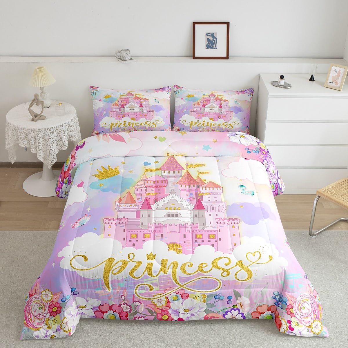 Feelyou Princess Bedding Set Queen Pink Castle Dreamy Reversible Comforter Set for Girls Decor Flowers Garden Princess Comforter Microfiber Fairy Duvet Set Bedroom Quilt Set Multi 44 Queen