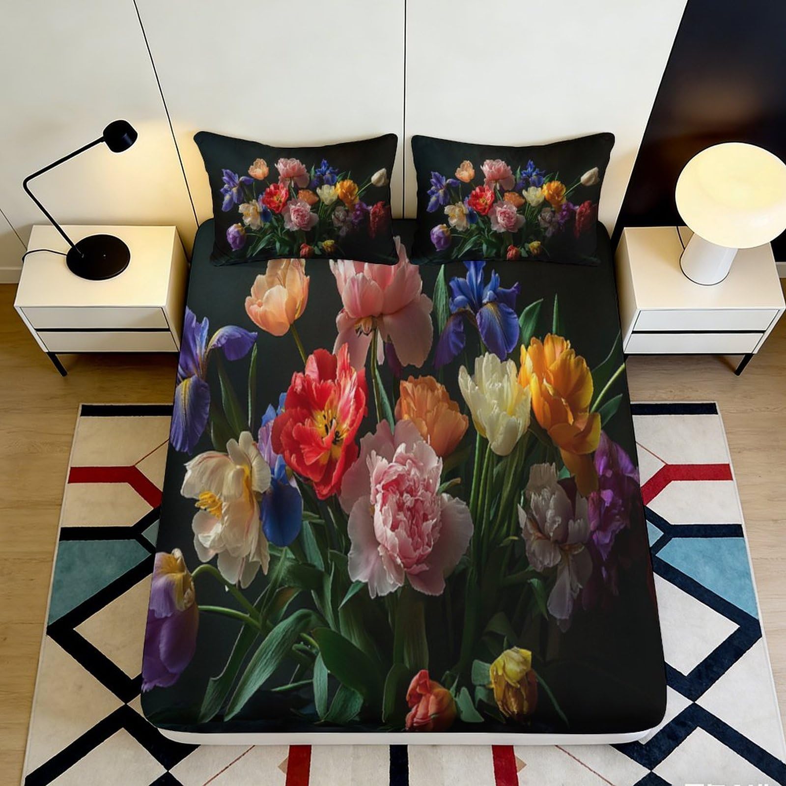 3D Printed Colorful Tulip Fitted Sheet Microfiber Soft Floral Art Bed Sheet for Bedroom Guest Room Easy Care Decor 90x200x25cm