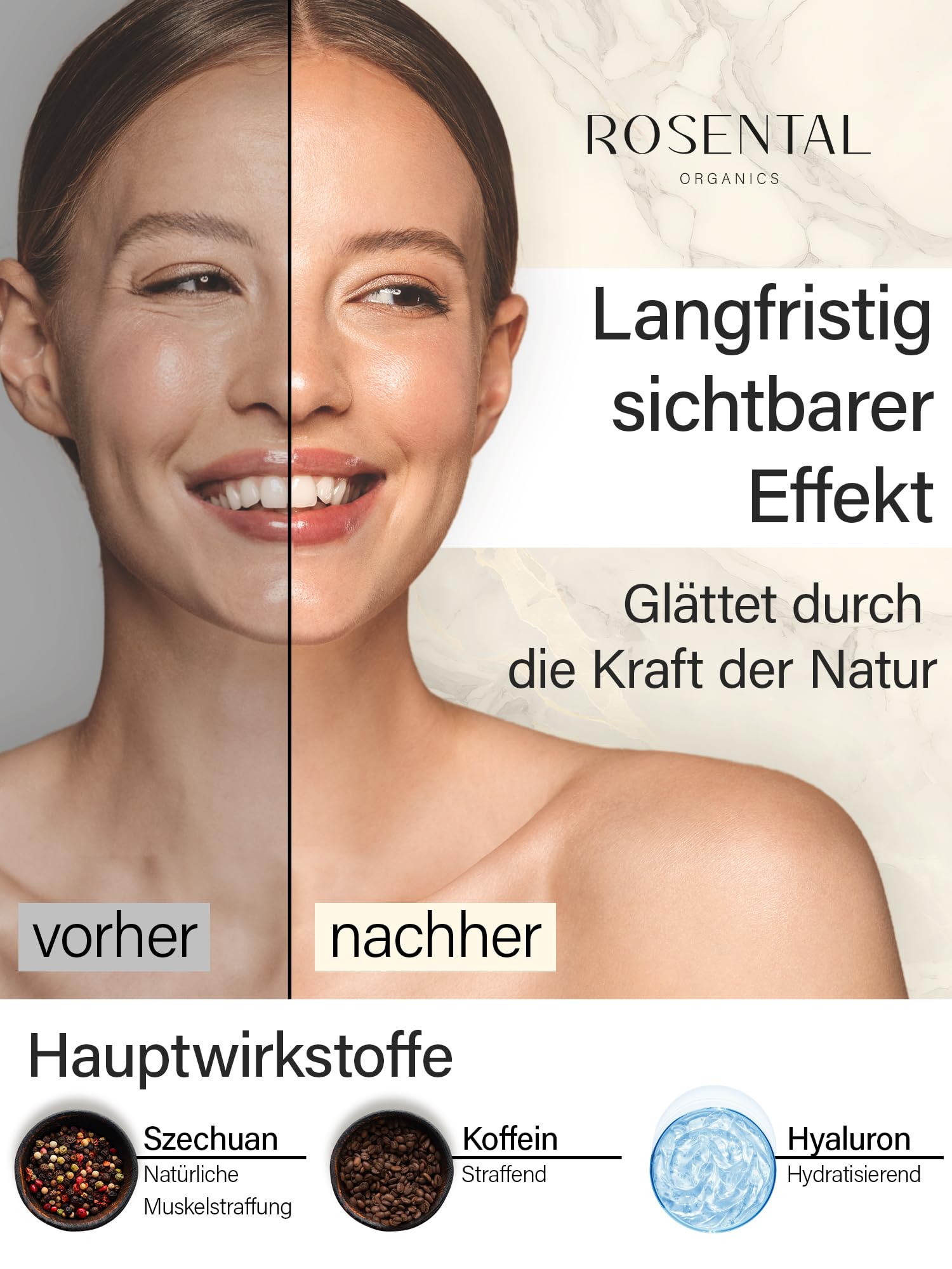 ROSENTAL ORGANICS Natural Botanical Lifting Effect Serum mit Hyaluron und Koffein Anti Falten Gesichtspflege - Hyaluronsäure-Gesichtsserum - Feuchtigkeitsserum - Anti-Aging Naturkosmetik (30ml)