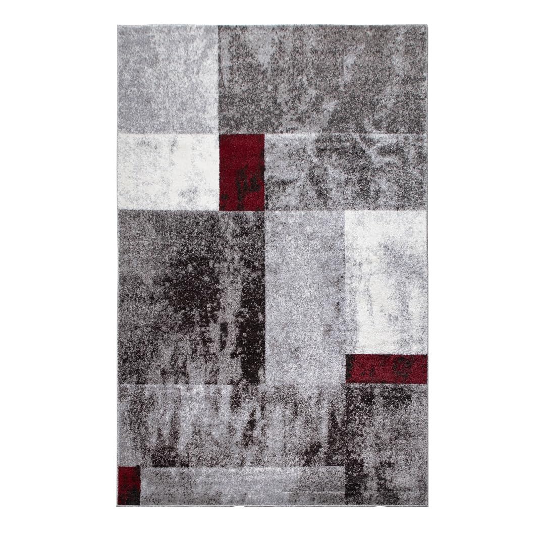 oKu-Tex Teppich Wohnzimmerteppich [80x150 cm] weicher Kurzflor grau rot meliert - Grauer Teppich für das Wohnzimmer - Carpet Living Room - geometrisches Patchwork Design - Deutsche Marke