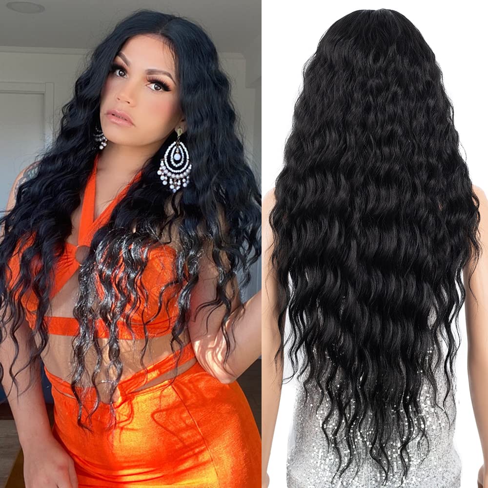 NOBLE Long Wavy Black Wig Synthetic Lace Front Wigs for Women Middle Part Loose Deep Wave Lace Front Wig with Baby Hair 31 Inch Natural Looking Womens Wigs