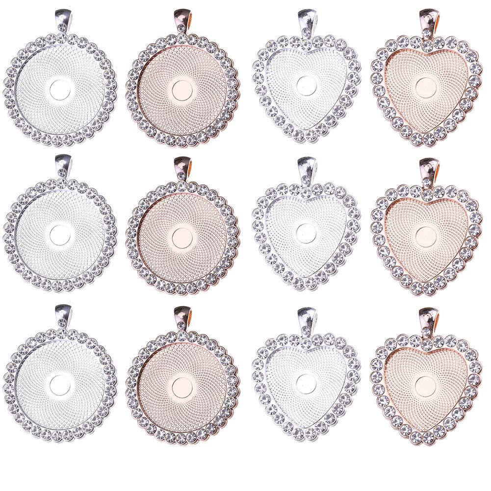 DAHI Diamond Pendant Trays Round and heart-shaped Bezel with Transparent Glass Cabochon Craft Crystal Bezel Pendant Set for DIY Souvenir Necklace Gift Jewellery Making (diamond metal)