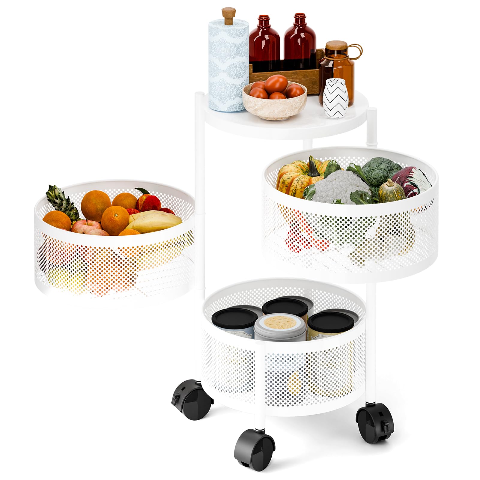 Panier à Fruits Rotatif 5 Niveaux Avec Roulettes - Rangement Métal Pour Cuisine, Salon - Noir