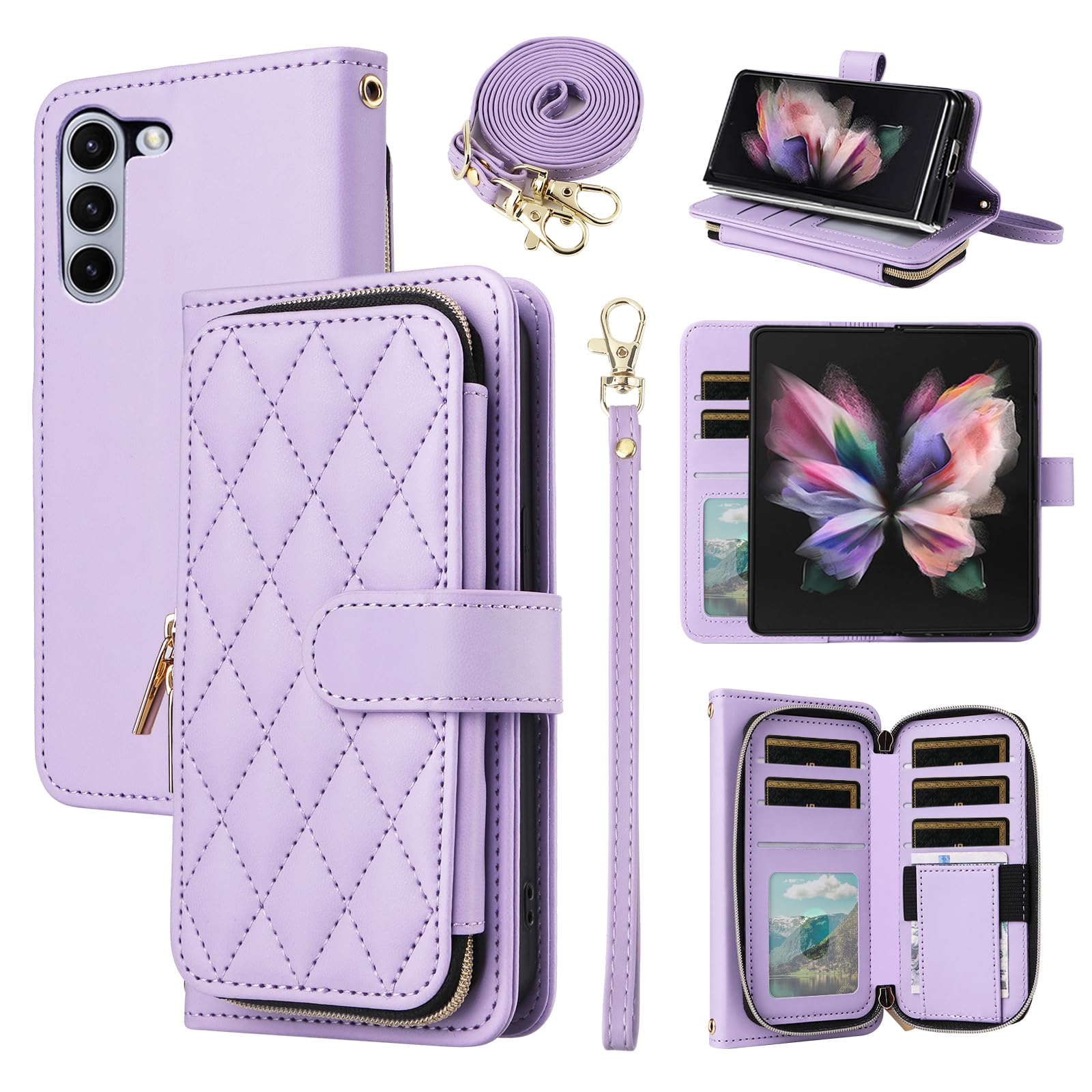 Furiet Wallet Case for Samsung Galaxy Z Fold 5 5G 2023 with Wrist Strap, Crossbody Shoulder Strap, 9+ Card Slots Zipper Purse, Luxury PU Leather Stand Cell Phone Cover for ZFold5 Z5 G Fold5 5Z Purple