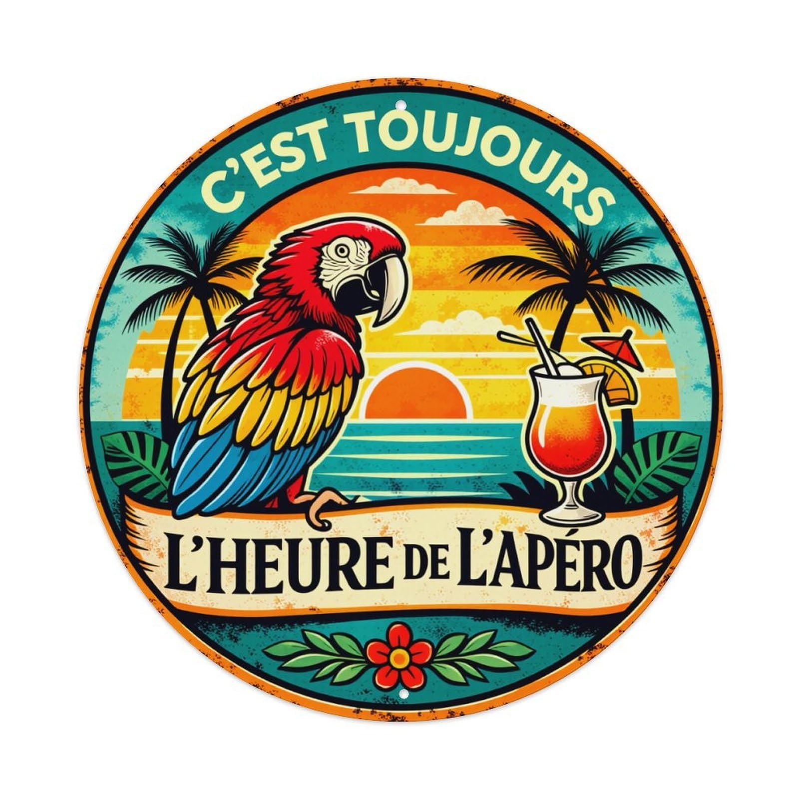 Parrot Sunset Cocktail Palm Tree Round Tin Sign Vintage Metal Poster, Home Bar Garage Man Cave Cafe Indoor & Outdoor Wall Decoration 8x8Inches