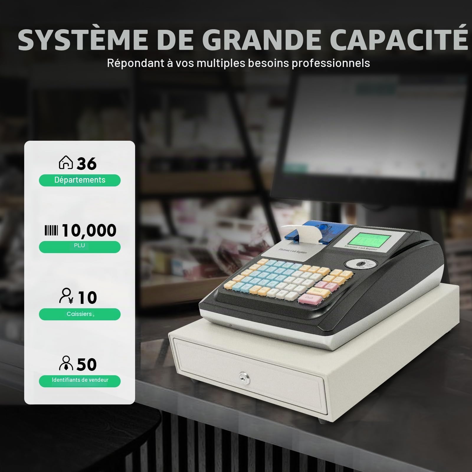 Calculatrice électronique KumuJ Vente au détail Système POS Tiroir Solide Avec 48 Touches 40W Écran Numérique Équipé pour le Commerce, Calculatrice pour Petites Entreprises