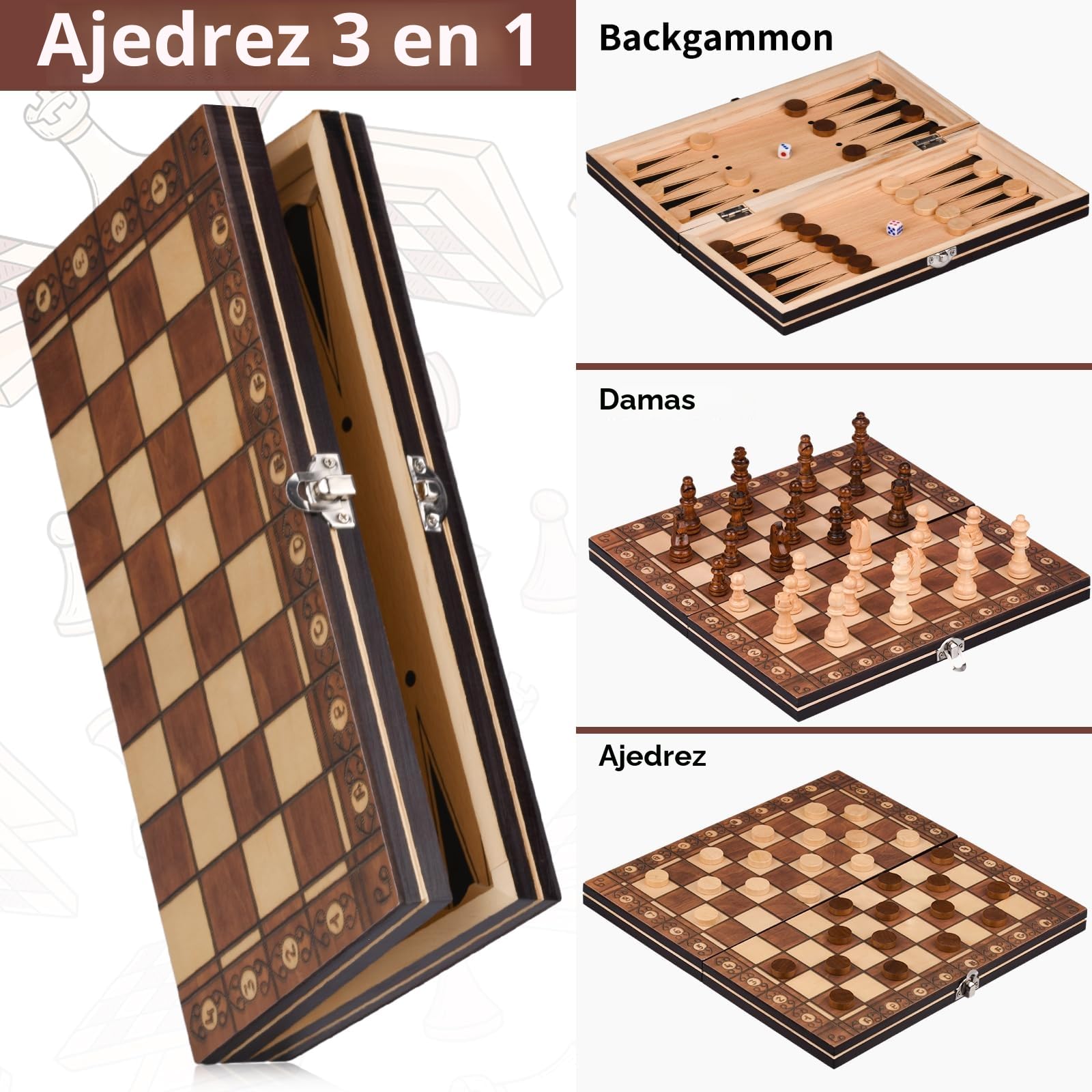 Juego De Ajedrez 3 En 1 de Madera,Ajedrez Magnetico Plegable para Viaje Fiesta Regalos, para niños(29 * 29cm)