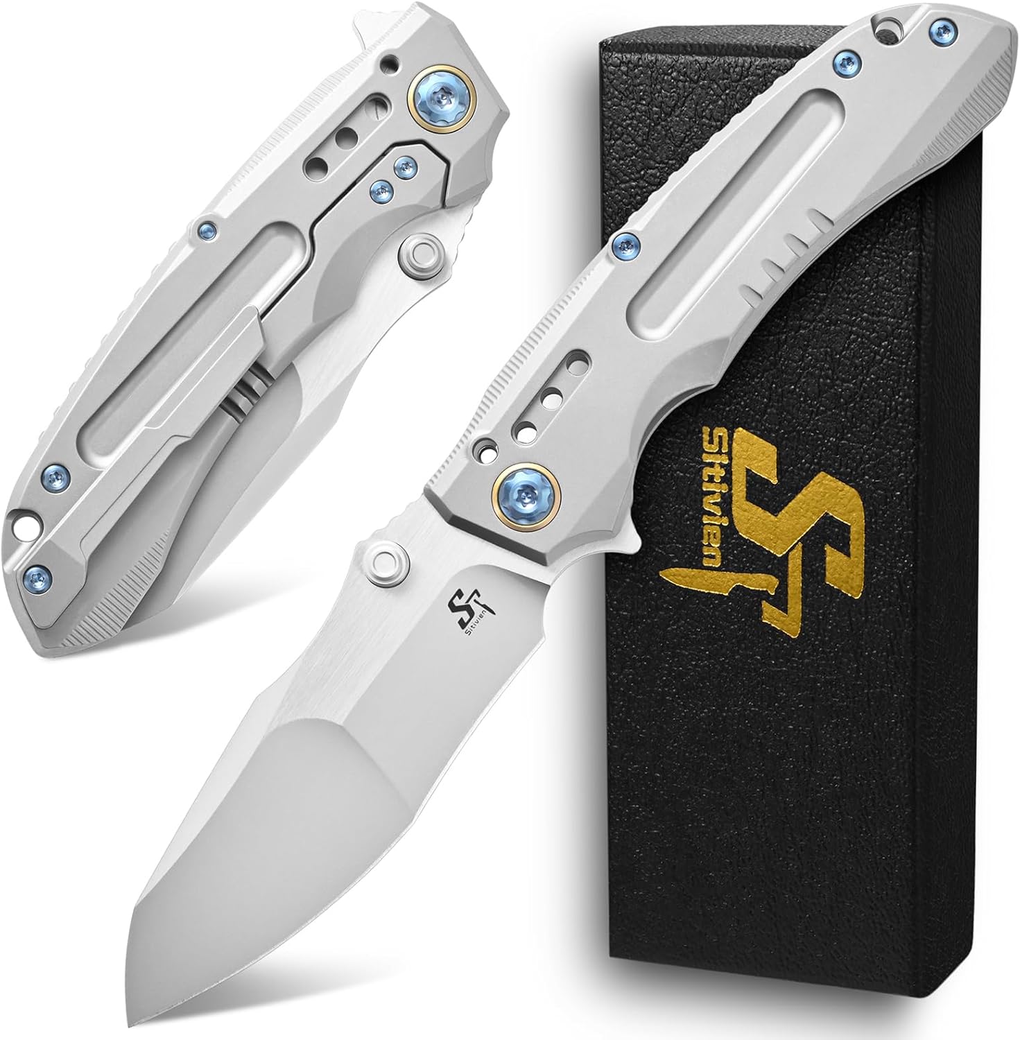 Sitivien ST991 Folding Knife, M390 Pearlescent Polishing Steel Blade Titanium Handle with Ball Bearing for Men Women Outdoor Camping, Hiking, Survival (Silver)