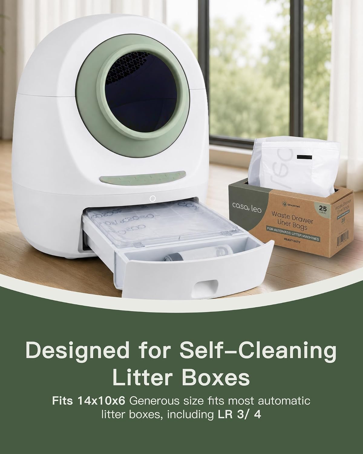 Casa Leo Waste Drawer Liners, 25 Pack Automatic Litter Box Bags | 2 mil heavy-duty, unscented liners with drawstrings; 23.5 x 15 in. for quick, cleaner waste drawer changes