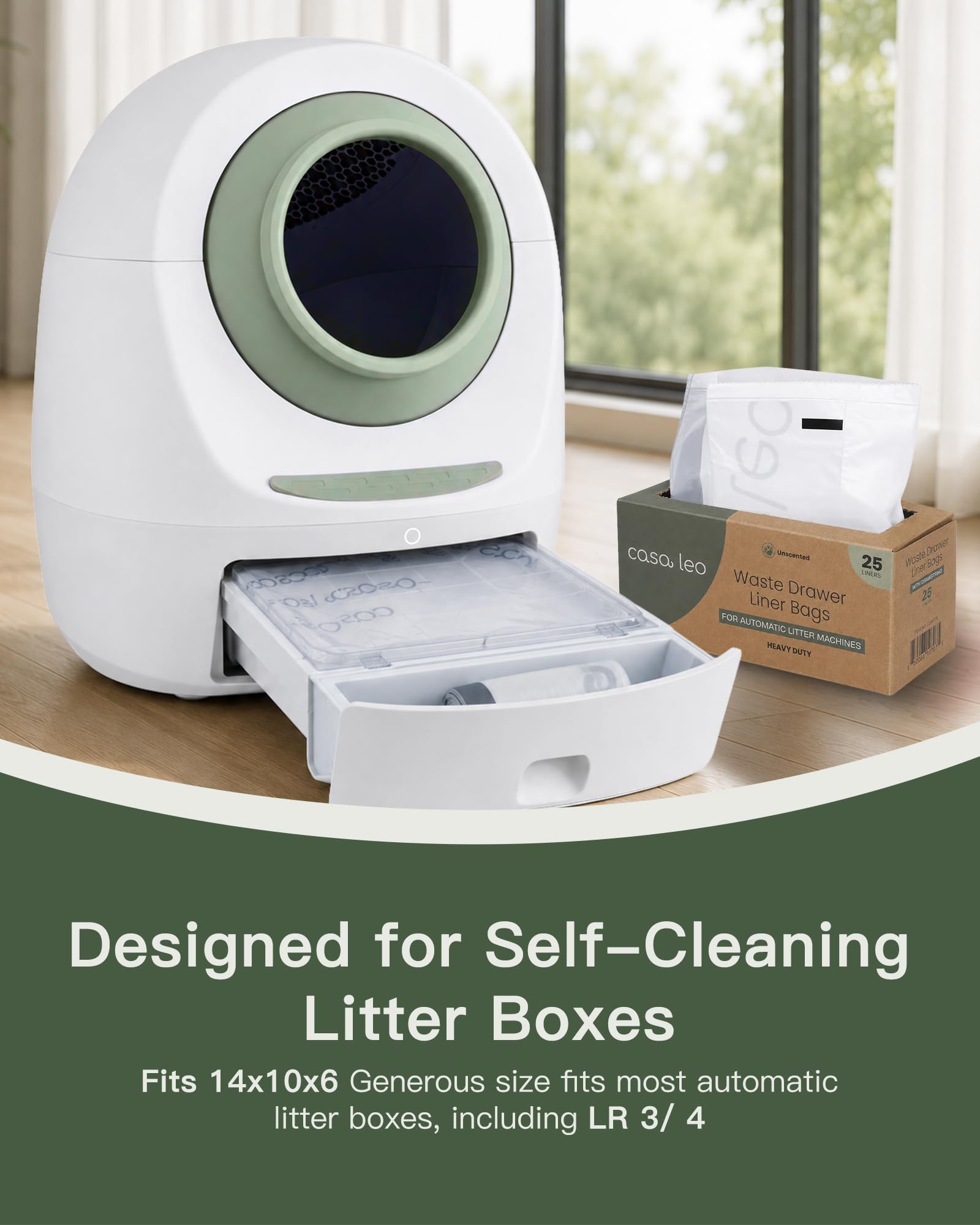 Leo's Loo - Revestimientos para cajones de basura de 2 mm de grosor con cordón, diseñados para funcionar con la mayoría de cajas de arena autolimpiables automáticas, 50 unidades