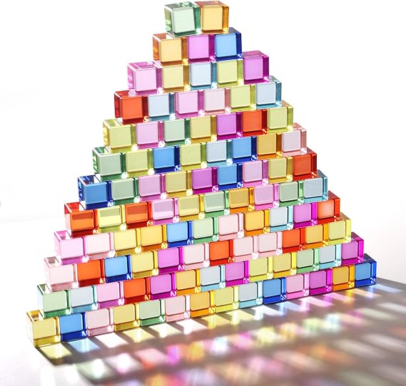 Dinhon 100 Pcs Acrylic Blocks for Toddler - 10 Colors Rainbow Gem Blocks, 2.5x2.5cm Crystal Cubes Stacking Rainbow Toy for Kids 1-5 Years Old, Light Table Blocks Bulk Birthday Gift