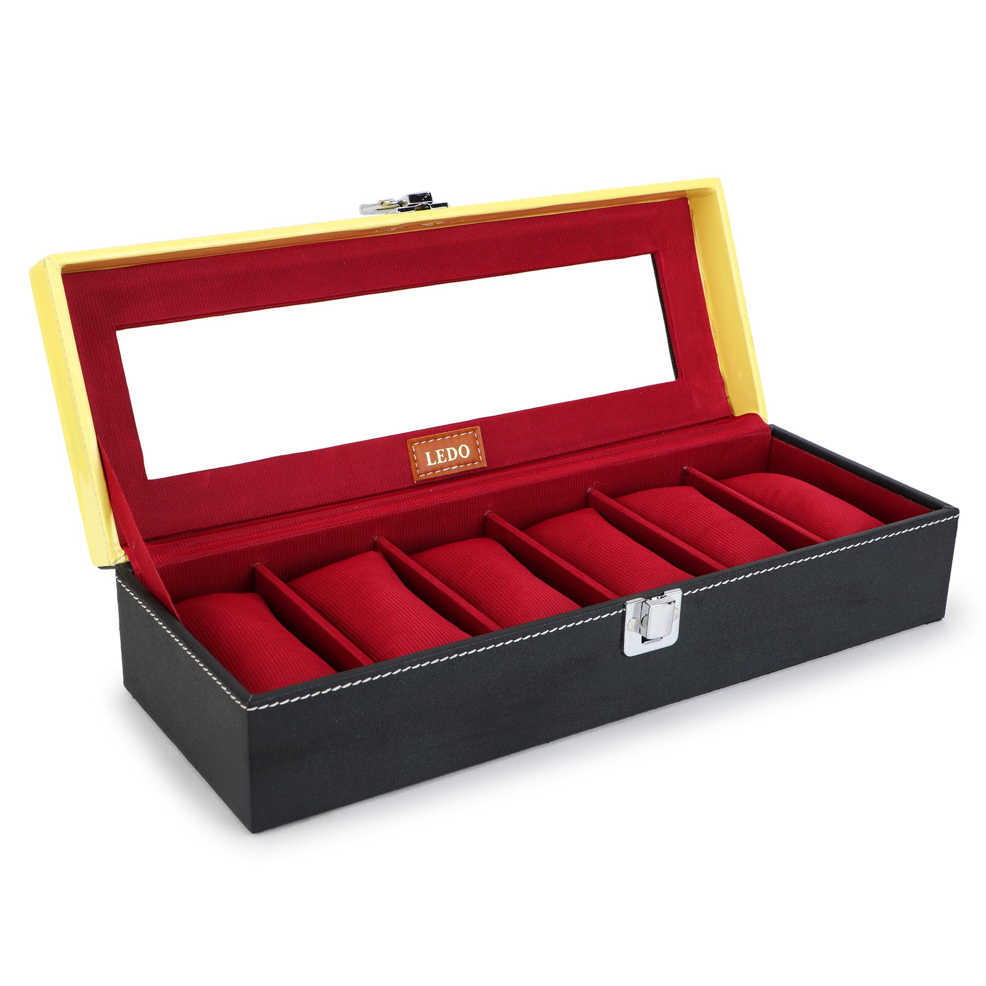LEDOLEDO Faux Leather Watch Case Box Organizer In 6 Slots Of Watches With Transparent Look Black & Cherry Color
