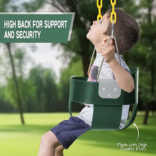 Miniatura 5 de asiento de columpio para niños pequeños con cadenas recubiertas, columpio de respaldo alto para niños con correas para árbol y ganchos para