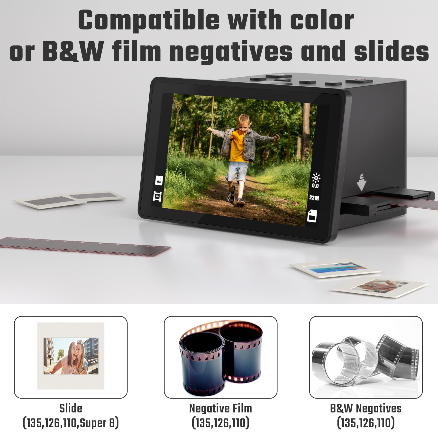 Escáner digital de película y diapositivas con gran pantalla LCD de 5 pulgadas, escáner de diapositivas para digitalizar escáner negativo, convierte 135, 126 KPK, 110 negativos y película Super 8 a 22
