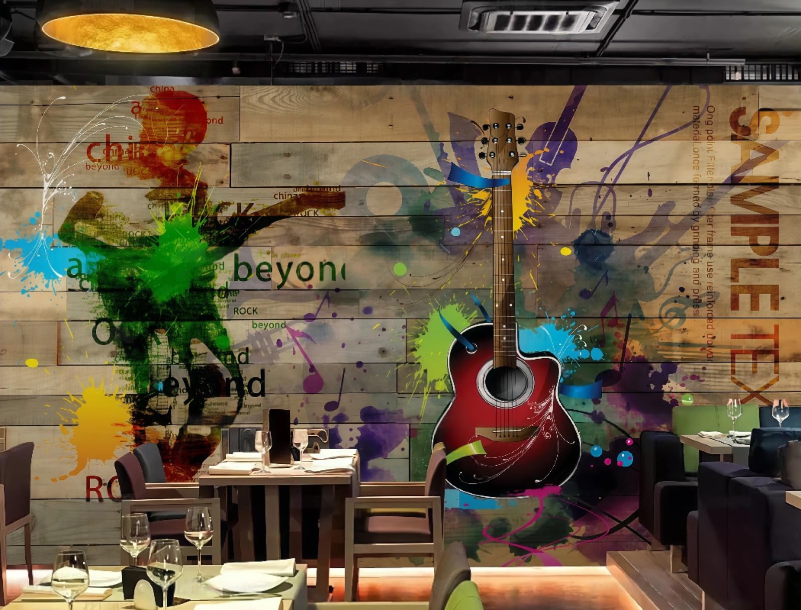 XDOUBAO Wallpaper Retro Nostalgic Rock Music Wooden Board Guitar Bar Nightclub Afternoon Tea Coffee Shop Background Mural Western Restaurant Wallpaper,3D,400x280cm