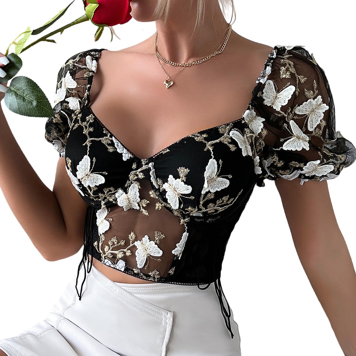 Women's Butterfly Embroidery Corset Crop Tops Mesh Puff Sleeve Bustier Top Side Lace Up T-Shirts