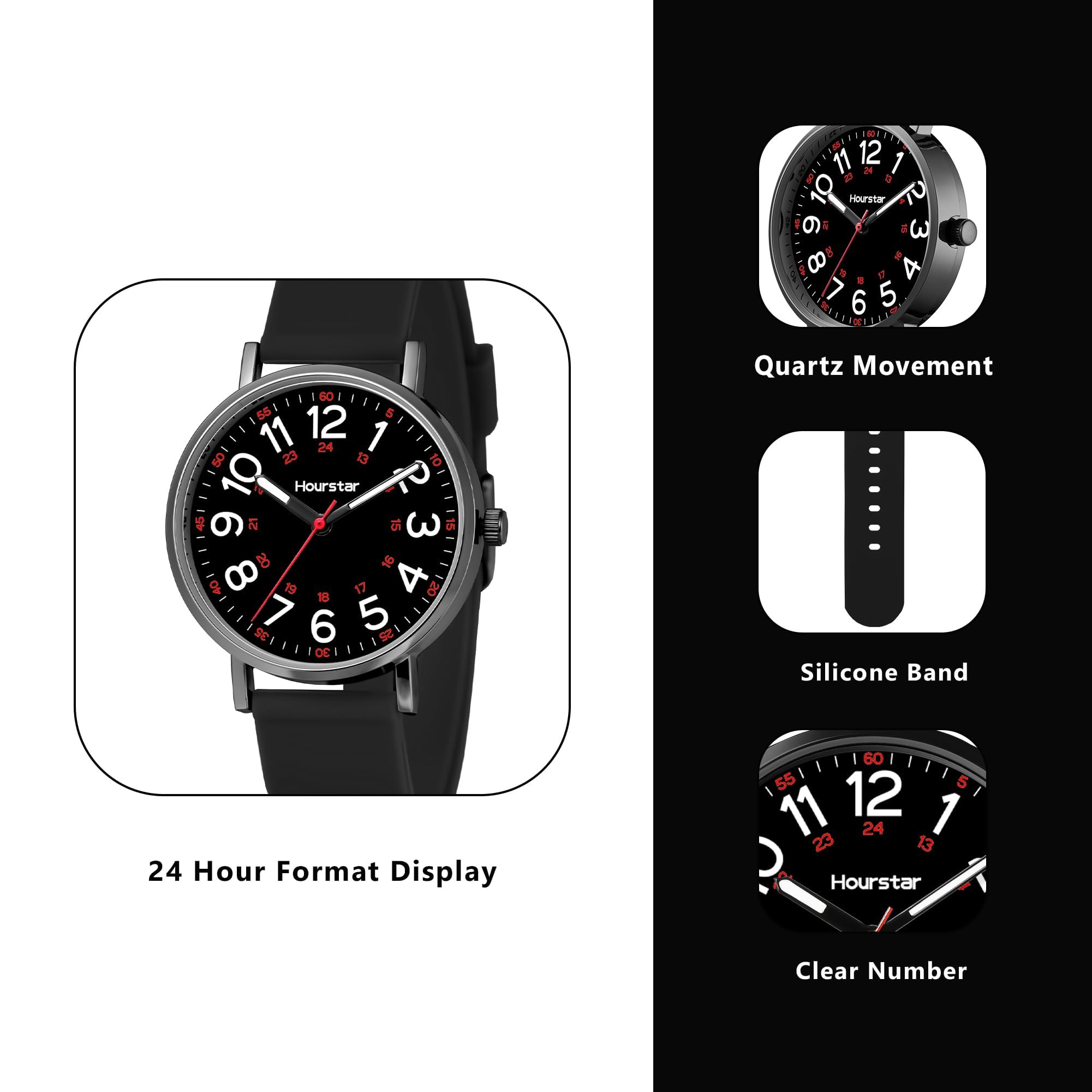 Reloj analógico de enfermera para mujer con segunda mano para enfermería, 12/24 horas, correa de silicona, fácil lectura (negro)