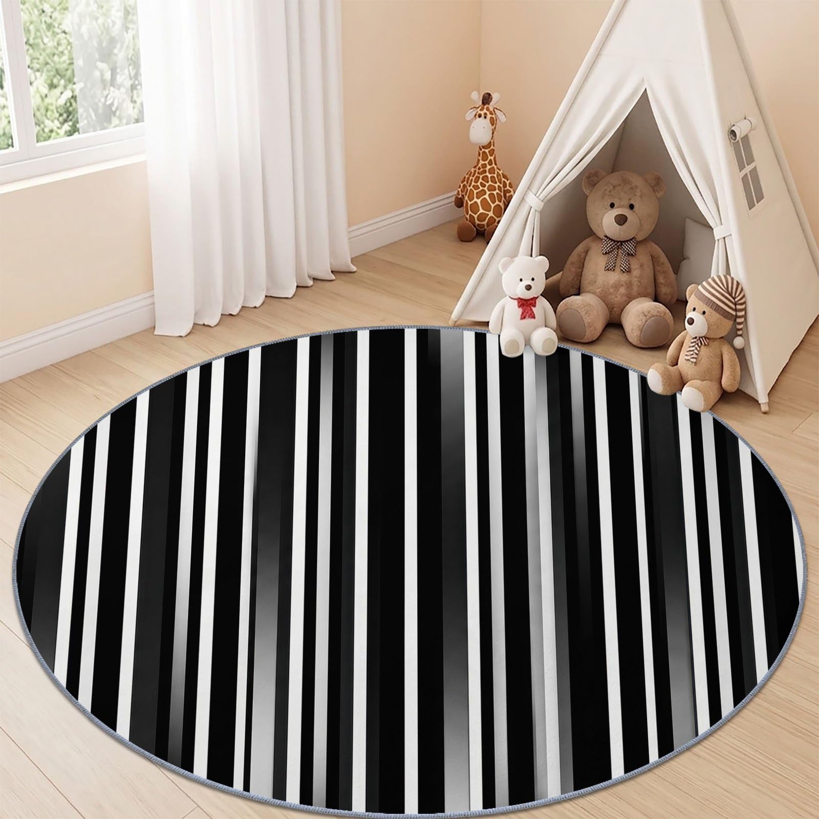 Tapis Rond Moderne Minimaliste 200 cm, Rayure Rayure Verticale Dégradé Lavable en Machine pour Salon, Noir Antidérapant, Poil Court Tapis Rond Imprimé pour Chambre d’Enfant Nurserie