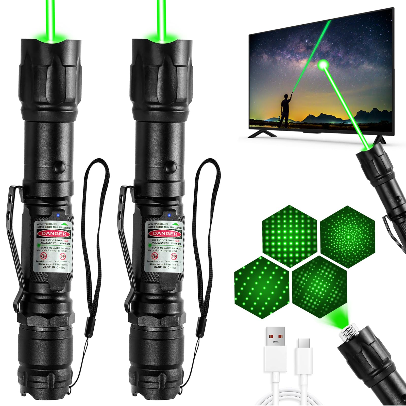 MIPREZT [2 Packs] Professional Rechargeable Green Laser Pointer High Power Green Beam Laser Light Long Distance Range for TV/LED/LCD Screens Tactical