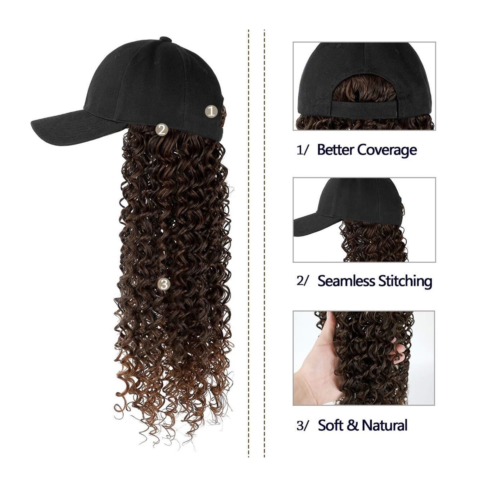 Wig Cap Gorra de béisbol Peluca Sintética Pelucas rizadas largas Sombrero Natural Negro/marrón con cabello for mujer(F988)