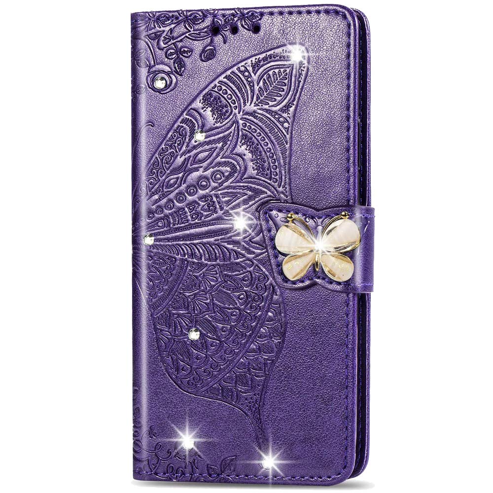 LEMAXELERS Samsung Galaxy Note 10 Plus Case Bling Diamond Butterfly Embossed Wallet Flip PU Leather Magnetic Card Slots with Stand Cover for Samsung Galaxy Note 10 Plus Diamond Butterfly Purple SD