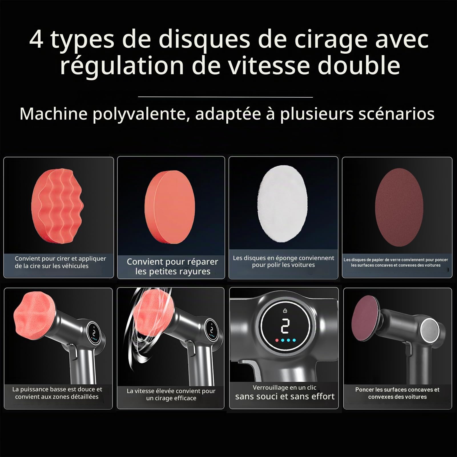 Polisseuse sans fil pour voiture avec écran LCD, kit de polissage à 2 vitesses réglables, polisseuse électrique multifonctionnelle pour le polissage du métal, du bois et du bois
