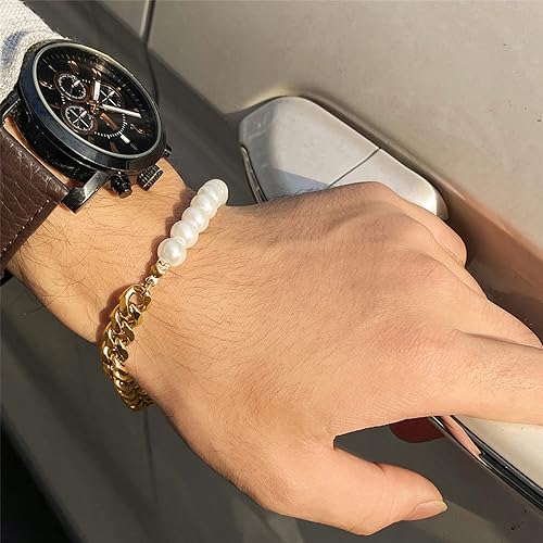 Vista 3 de Juego de collar de perlas de cadena cubana de acero inoxidable de oro de 18 quilates para hombres y mujeres, juego de regalo de media cadena