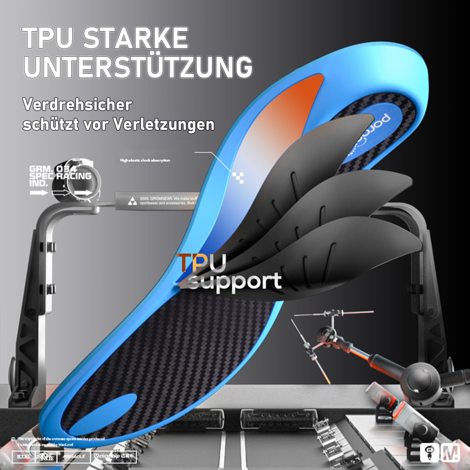 Carbonfaser-Einlegesohlen mit Fußgewölbestütze - Hohe Gewölbe- und starre Stützeinlagen - Hohe Dämpfung & Energierückgabe - Beidgeschlechtlich EU 43-44